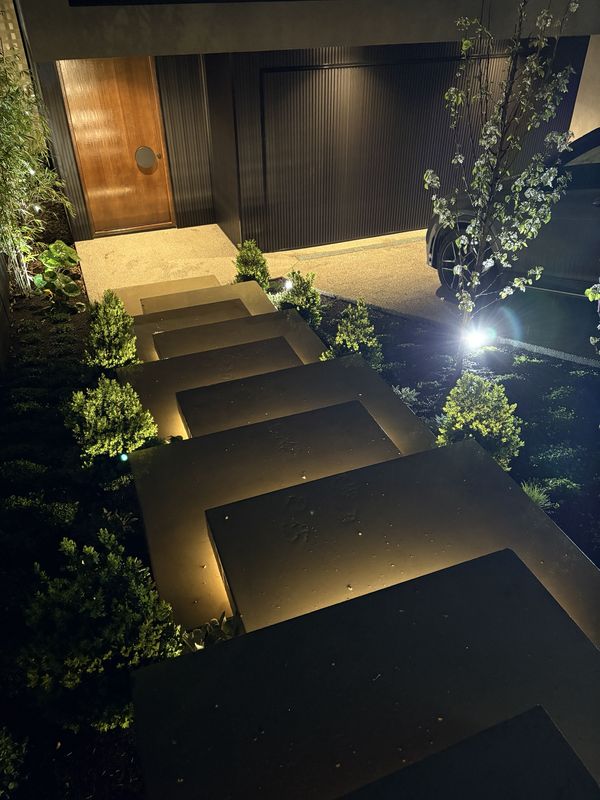 Concrete entry steps with concealed step lighting and garden uplights at night